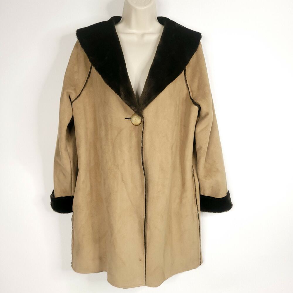 J Jill Womens Coat Jacket Small Brown Suede Faux Fur Lined Shawl Collar Winter
